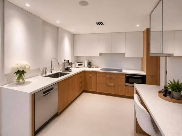 Two-tone custom cabinetry in a bright contemporary kitchen