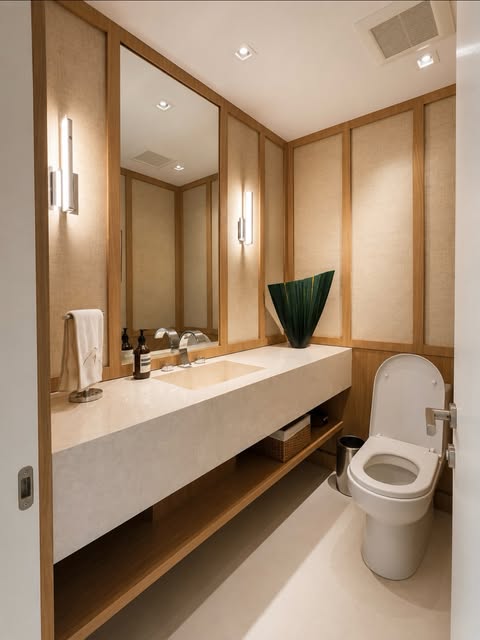 Custom vanity and framed wall panels in a compact bathroom